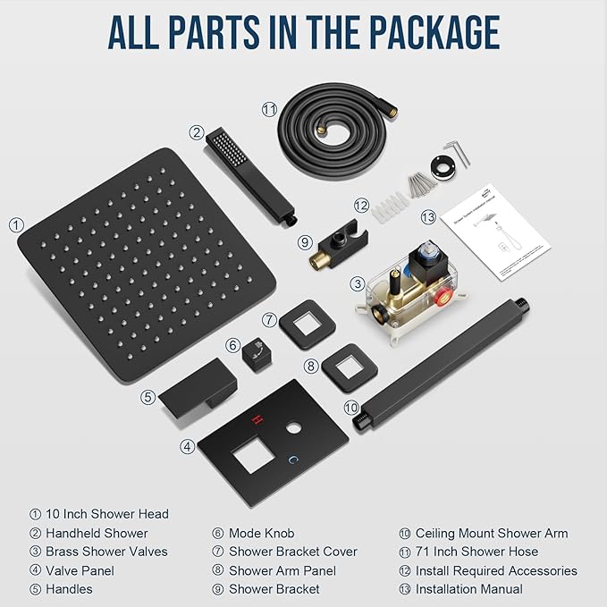 Deluxe Shower Faucet Set, Rain Shower System, 10 inch Ceiling Shower Faucet with Handheld Shower Head, Matte Black