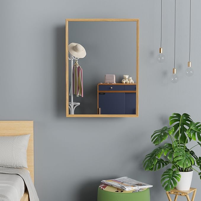 16x24 Inch Wooden Medicine Cabinet with Mirror, Surface or Recessed Mounted Bathroom Cabinets with Door, Adjustable Tempered Glass Shelves, Soft-Close Hinge, Wall Storage, Oak Wood Frame