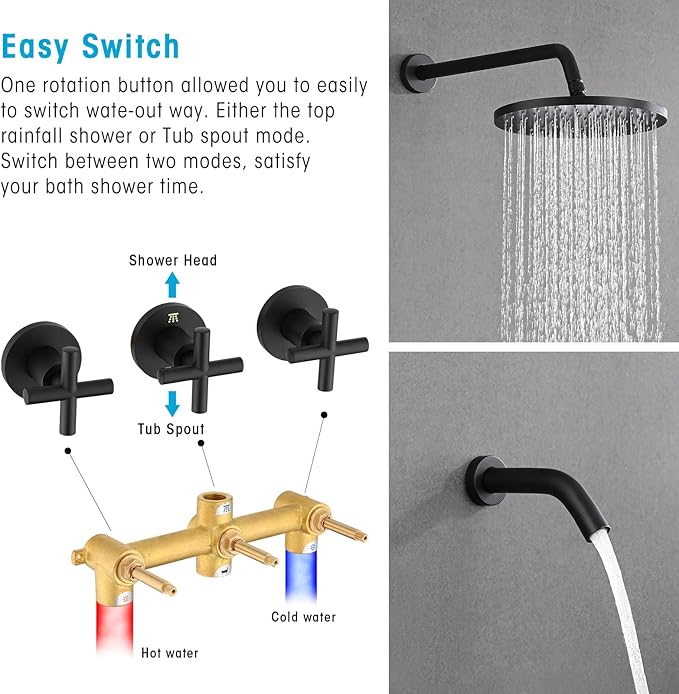 PROOX 3 Handle Tub Shower Faucet Set, 10" Rainfall Shower Head with Tub and Shower Trim Kit with Rough-in Valve, Matte Black Bathtub Shower Faucets, Wall Mounted Bathroom Rain Shower System