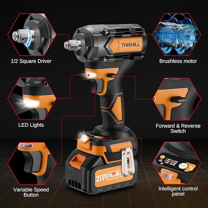 This Hill 45PCS Cordless Impact Wrench,600Nm(443Ft-lbs),1/2 Inch Brushless lmpact Driver Set,w/Two 4.0Ah Battery,17 Sockets,High Torque Power Impact Gun for Car Home