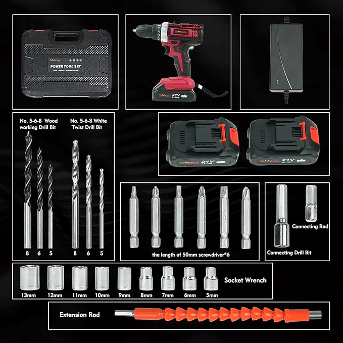 BEHAPPY Cordless Drill Set, 21V Power Drill Kit, Electric Power Drill Set with 2 Batteries and Charger, 25+3 Torque Setting, 2 Speed, 315 In-lb, LED, 23pcs Drill Bit, Impact Drill Set for Home, DIY