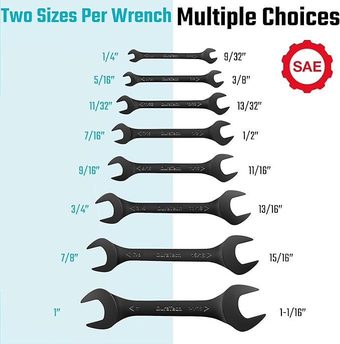 DURATECH Super-Thin Open End Wrench Set, SAE, 8-Piece,1/4" to 1-1/16", Black Electrophoretic Coating, with Rolling Pouch