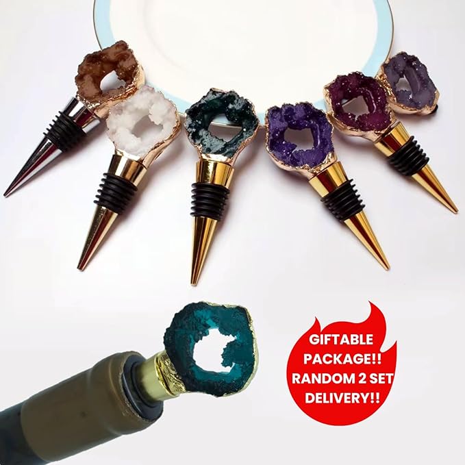 Decorative Wine Stopper Set of 2,Cool Wine Bottle Stoppers for Glass Bottles,Crystal Bottle Stopper Fits Standard Bottles,Fancy Decors Wine Tools (Random Crystal)