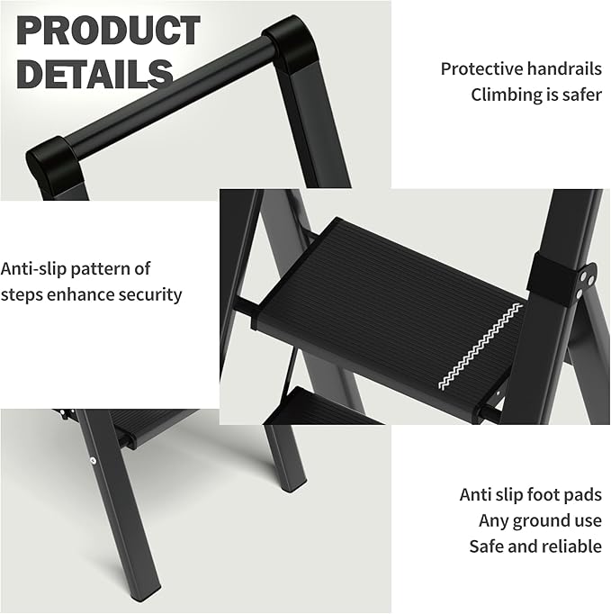 Taranta 5 Step Ladder, Liahtweight Aluminum Laddewith Handgrip, Portable Folding Stepladder with Anti-SlipPedal for Home, Ofice, Kitchen 300lbs - Black