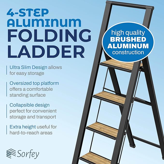 Step Ladder 4 Step Folding, Decorative - Beautiful Bamboo & Black Aluminum, Ultra Slim Profile, Anti Slip Steps, Sturdy-Portable for Home, Office, Kitchen, Photography Use,by SORFEY
