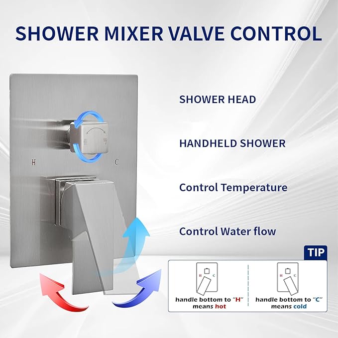 BWE 12 Inch Square Shower Head System 2-Functions Bathroom Luxury Rain Mixer Shower Combo Set Wall Mounted Rainfall Brushed Nickel Shower Faucet Rough-in Valve Body and Trim Included