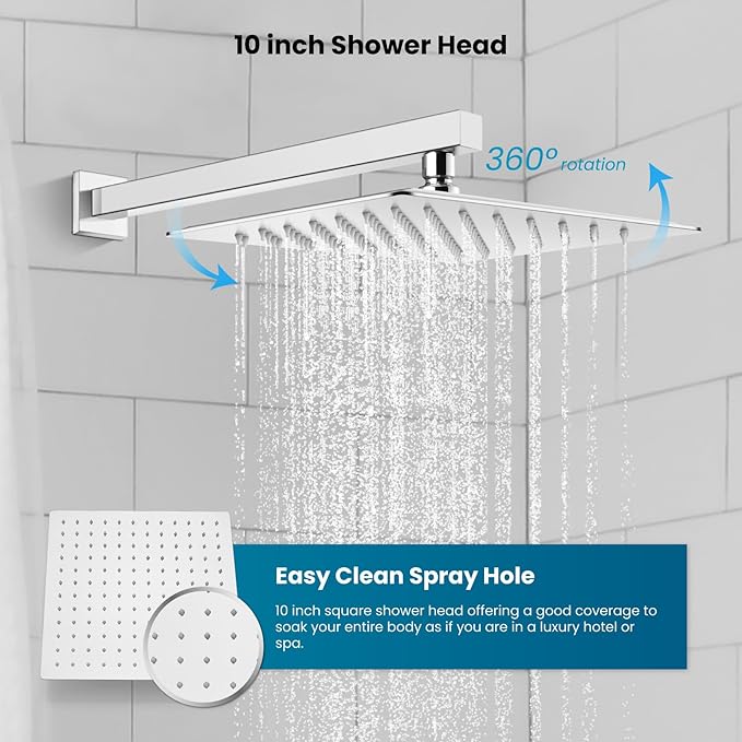 gotonovo Shower System with Tub Spout,Waterfall Tub Shower Faucet Set for Bathroom Head and Handle Set Wall Mounted 3 Function Rough-in Valve and Trim Included 10 inch Shower Head Polished Chrome