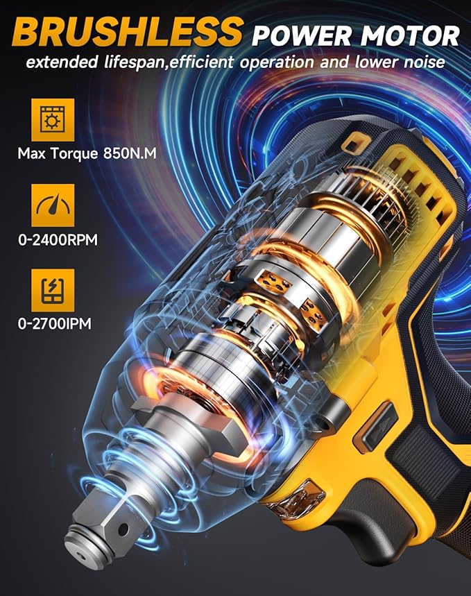 Cordless Impact Wrench 627Ft-lbs (850N.m) High Torque,1/2 inch Impact Wrench,2400 RPM Brushless Power Impact Gun with 2x 4.0 Ah Battery,Electric Impact Driver for Car Home