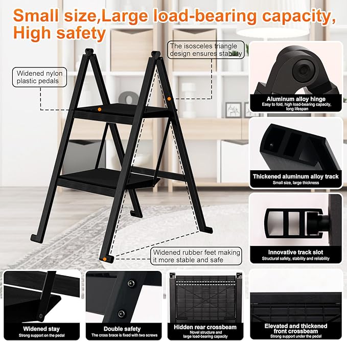 2 Step Ladder,Aluminum Ultra Thin Folding Step Stool,400 Lbs Capacity Heavy Duty with Anti-Slip Sturdy and Wide Tread,Closet Slim Step for Home,Kitchen and Office,Space Saving (Black, 2-Step)