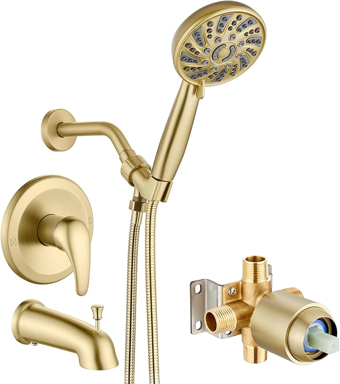 gotonovo Bathroom Shower Head Kit High Pressure Combo System Shower Faucet 6 Modes ABS Handheld Spray Shower Trim Kit Valve Included Shower Head and Handle Set Brushed Gold