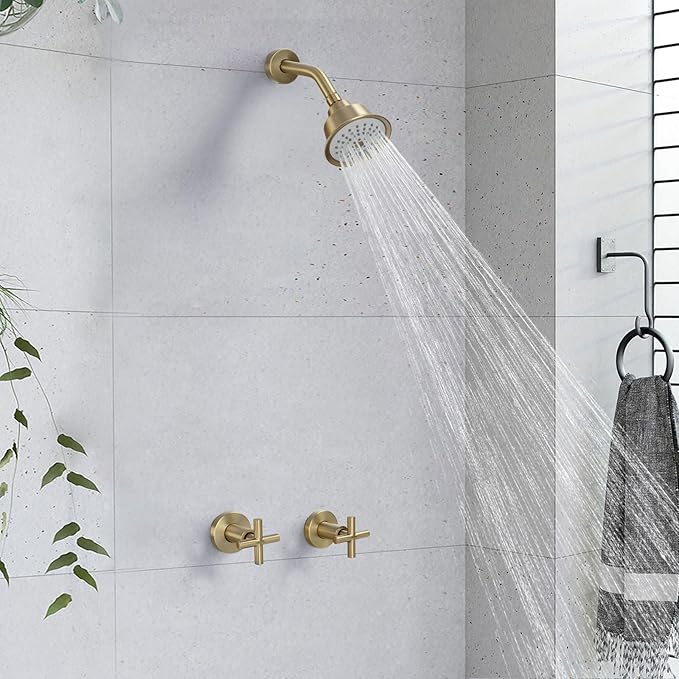 2 Handles Shower Faucet Set,Tub and Shower Trim Kit with Rough-in Valve,2 Handle Shower Faucet with 3 Modes Rainfall Shower Head,2 Knobs Single Function Shower Faucet,Brushed Gold,1A4MK-W