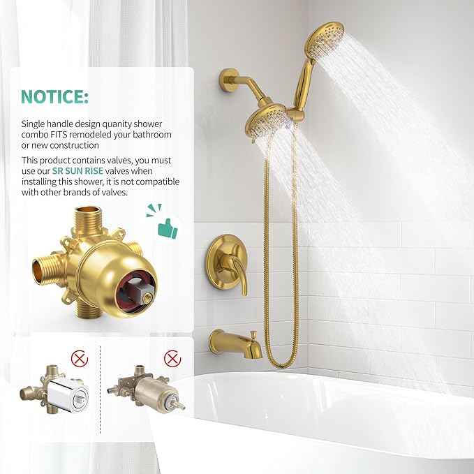 SR SUN RISE 5-Spray Dual Shower Head Cmbo Tub Faucet Set 3-Way Shower Head and Hand Held Shower Tub Faucets Sets Complete Single-Handle Tub and Shower Trim Kit, Brushed Gold (Valve Include)