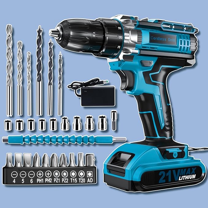 Cordless Drill Set, KELNOW 21V PowerDrill with Power Pack and Charger, 3/8-Inch Keyless Chuck ElectricDrill, 25+1 Position, 2 Speed, 27pcs Drilldriver Bits Tool Drills for DIY Projects