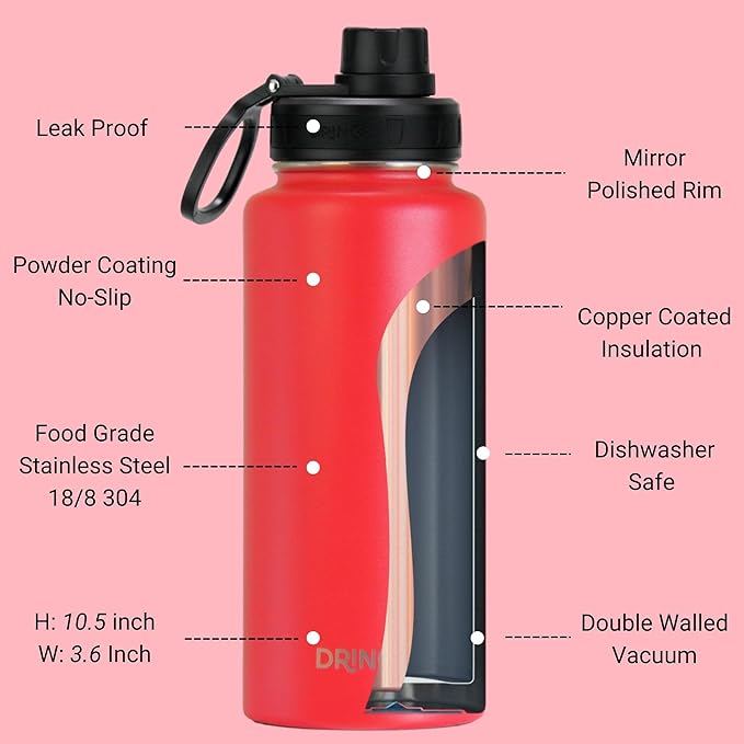 DRINCO Stainless Steel Water Bottle Spout Lid Vacuum Insulated Double Wall Water Bottle Wide Mouth Leak Proof Keep Cold Sport Camping (USA Flag) (32oz Barn Red USA Flag, 32oz)