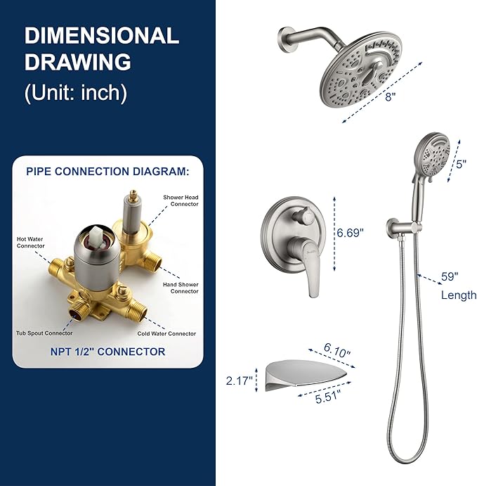 SHAMANDA Luxury Tub Shower Faucet Set with Round-in Valve, Wall Mounted Shower System with Waterfall Tub Spout and 6-Setting Rain Shower Head with 9-Setting Handheld, Brushed Nickel, L8083-2