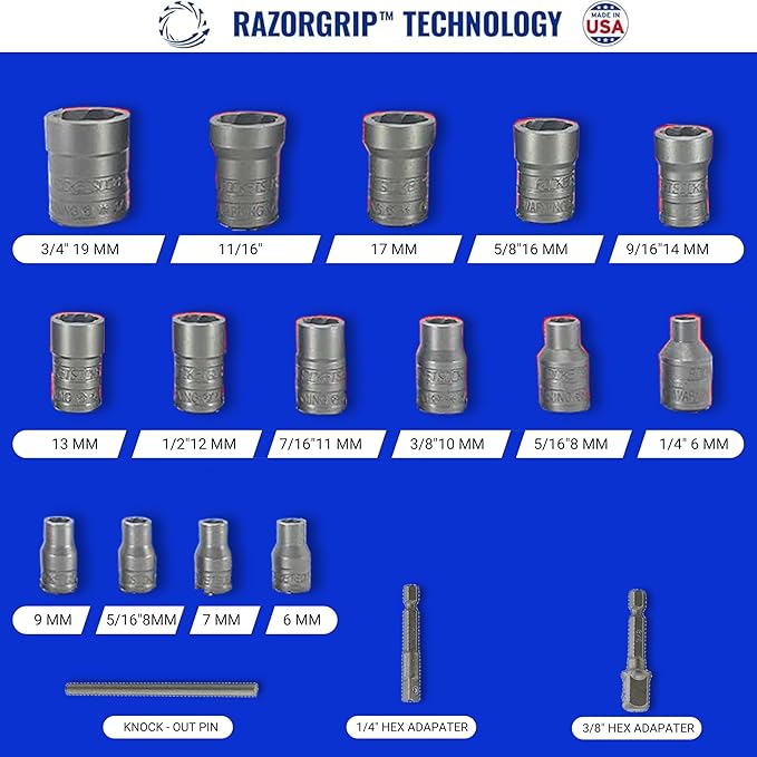 18-Piece Bolt Extractor Set | Made in USA Turbo Sockets for Stripped, Rounded, Rusted Bolts & Nuts | Impact Grade 1/4" & 3/8" Drive Lug Nut & Bolt Remover Kit | Nut Extractor Socket Set