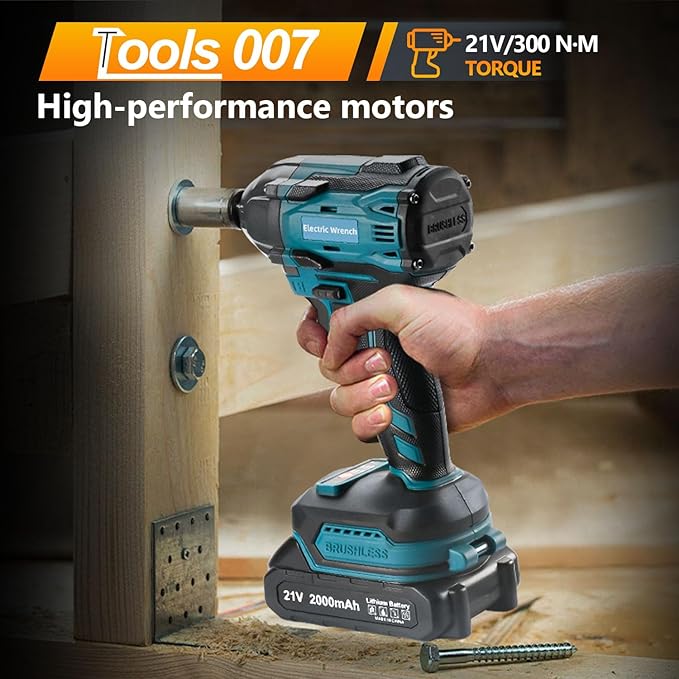 300N.m Cordless Impact Wrench, 21V Torque Power Impact Driver, 1/2" Brushless Impact Gun with 2*2.0Ah Batteries with 19 Accessories, Electric Impact Motor Variable Speeds for home installation (Blue)