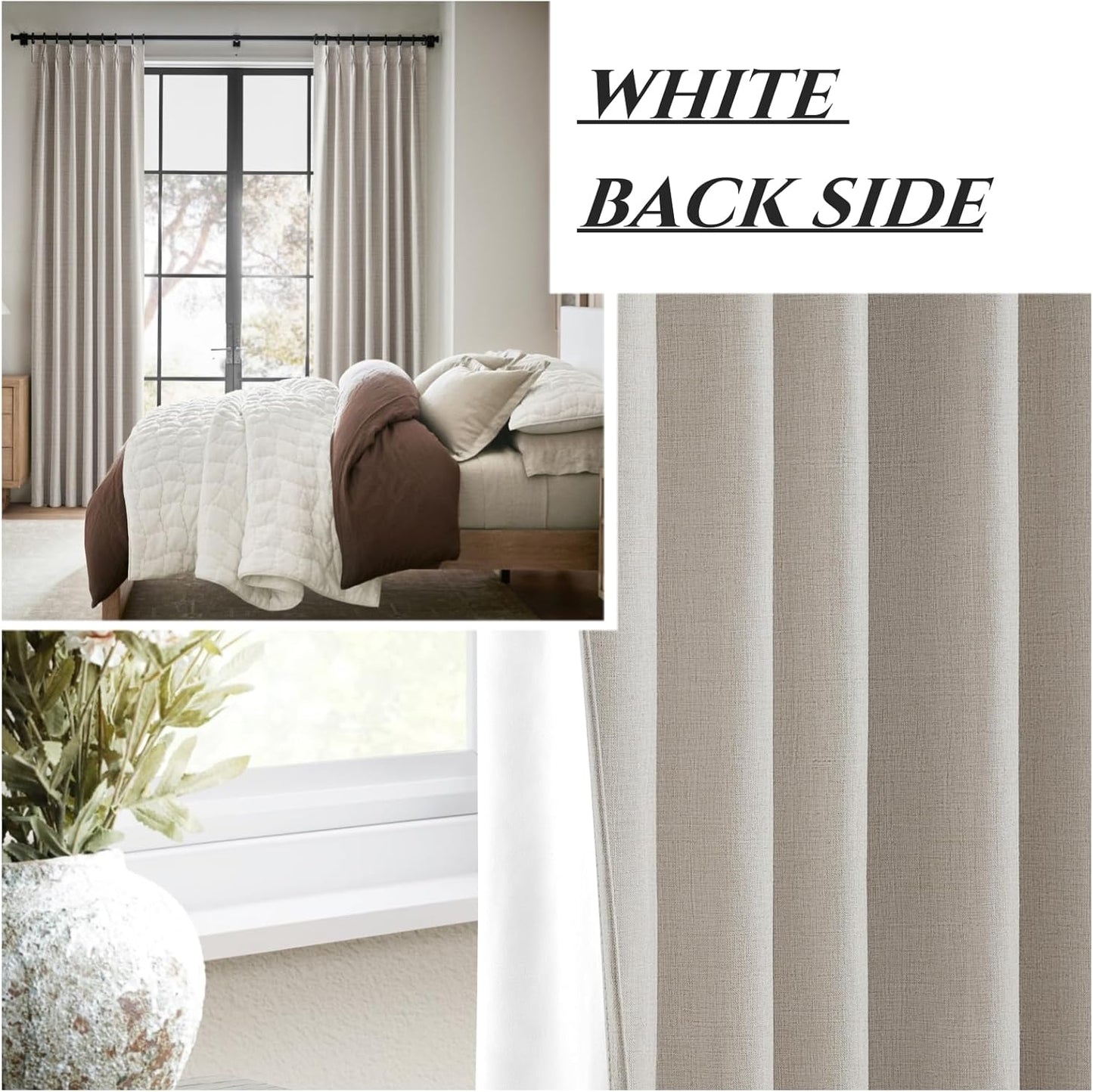 Natural Linen Pinch Pleated Blackout Curtains & Drapes 96 Inch Long Bedroom/Livingroom Farmhouse Curtains 2 Panel Sets, Neutral Track Room Darkening Thermal Insulated 8ft Back Tab Window Curtain