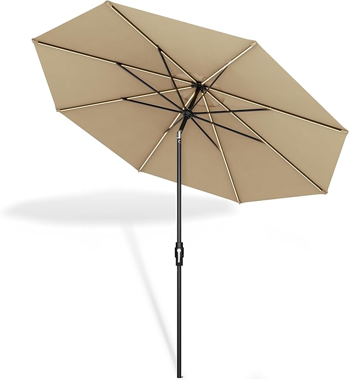 Midtown Umbrellas Led Swilt Sunbrella Umbrella 9 Ft Patio Umbrella With Sunbrella Heather Tan Acrylic Fabric - Deck Patio Umbrella, Backyard Umbrella, Garden Umbrella & Pool Umbrella - Black Pole