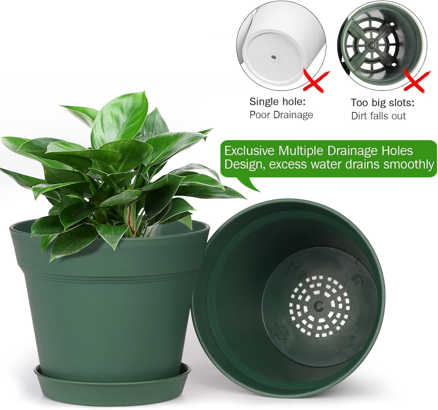 homenote Plant Pots,15 Pack 6 inch Flower Pots with Multiple Drainage Holes and Saucers,Plastic Planters for All Home Garden Flowers Succulents(Green)