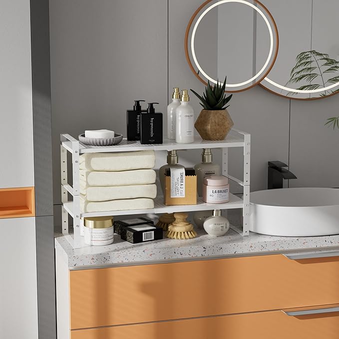 Expandable,Adjustable & Stackable Spice Rack, Cabinet Kitchen Countertop Shelf Organizer,Metal Pantry Storage Shelves - Space-Saving Storage Solution(1Pack/White/Large)