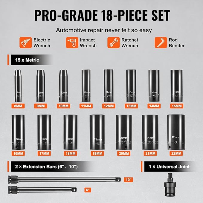 VEVOR Drive Impact Socket Set 3/8" - 18 Piece Deep Socket Set Metric 8-22mm - 6 Point CR-V Alloy Steel for Auto Repair - Easy-to-Read Size Markings - Rugged Construction Includes Storage Case