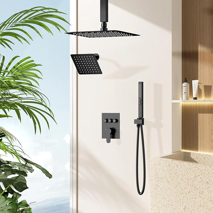 Shower Faucet Set Matte Black Shower System, 12" Ceiling Rainfall Shower and 6" Rain Shower with 2 in 1 Handheld, Can Use All at Once, Wall Mount Pressure Balance Rough-in Valve and Trim Kit