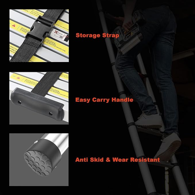 Telescoping Ladder, 8.5 FT Aluminum Lightweight Extension Ladder with 2 Stable Hooks, 2 Triangle Stabilizers & Non-Slip Feet, Heavy Duty 330 Lbs Max Capacity, Ideal for Home, RV & Outdoor Work