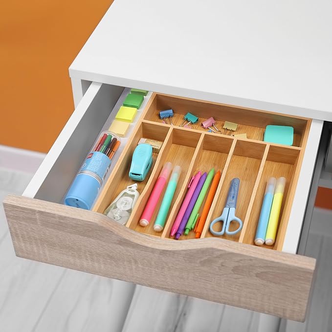 Kitchen Bamboo Silverware Organizer, Kitchen Drawer Organizer - Utensil Holder and Cutlery Tray with Grooved Drawer Dividers for Flatware 7 Slot, Natural