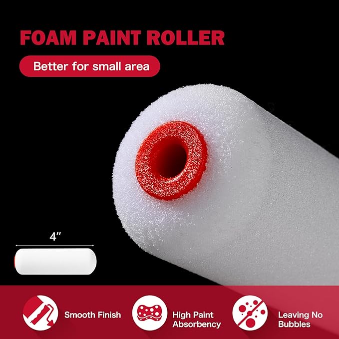 Mister Rui Paint Roller Kit, 12 Pack, 4 Inch Foam Rollers, 2" Brush, Small Paint Bucket with Liners, Liner Lid, Plastic Sheeting, Mini Rollers for Painting & DIY