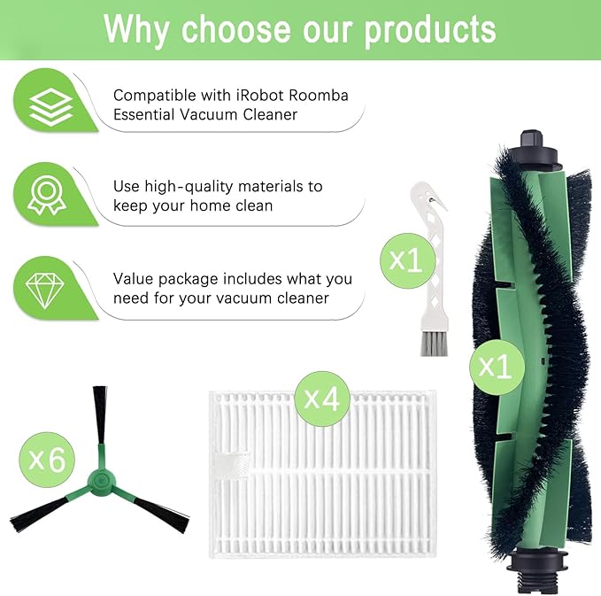 11 Pack Replacement Parts Accessories Compatible with iRobot Roomba Essential Series Y0140, Q0520, Q0120, Q011, Y0110, Robot Vacuum Cleaner, 1 Roller Brush, 4 Hepa Filters, 6 Side Brushes