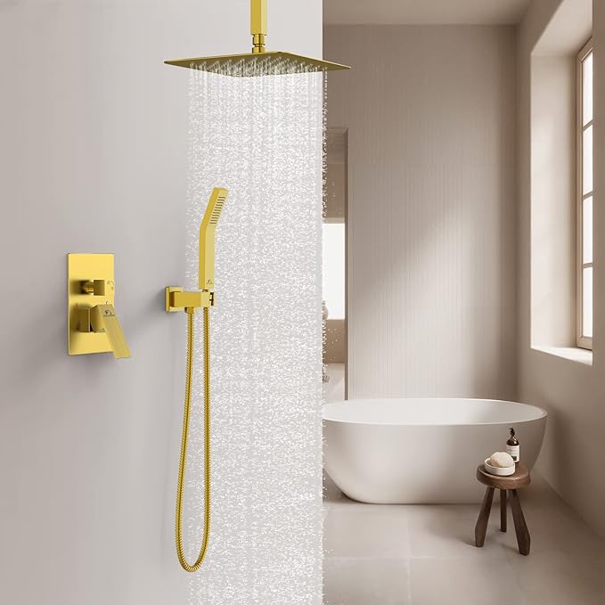 SunCleanse Rainfall Shower System Brushed Gold Ceiling Mounted Shower System Combo Set with High Pressure 12 Inches Square Rain Shower Head Handheld and Shower Faucet Rough-in Mixer Valve and Trim