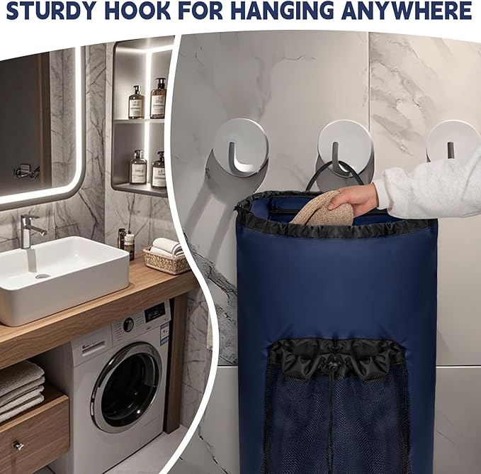 Laundry Bag Backpack with Shoulder Straps and Mesh Pocket Foldable Laundry Hamper for College, Apartment, Laundromat (Dark Blue)