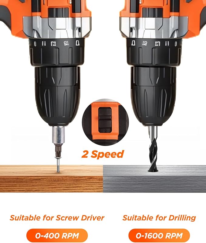 Cordless Drill Set, KELNOW 21V PowerDrill with Power Pack and Charger, 3/8-Inch Keyless Chuck ElectricDrill, 25+1 Position, 2 Speed, 27pcs Drilldriver Bits Tool Drills for DIY Projects