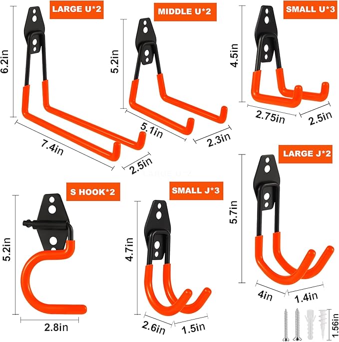 Steel Garage Hooks Wall Tool Organizer, 14 Pack Garage Storage Hook Heavy Duty Utility Storage Hangers Orange for Ladders, Ropes, Garden Tools