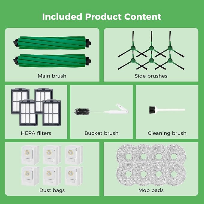 Yivy 28PCS Accessories Kit for iRobot Roomba Plus 405/505 Combo Robot Vacuum Cleaner, Parts Contents 2 Roller Brushes, 6 Side Brushes, 6 Dust Bags, 4 HEPA Filters, 8 Mop Pads, 1 Cleaning Brush