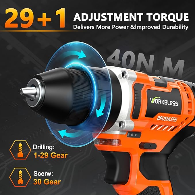 12V Brushless Power Drill, Cordless Drill with LCD Smart Display, 29+1 Torque Setting, 3/8 Inch Keyless Metal Chuck, 2.0Ah Battery, Fast Charger and 18Pcs Bits Included(Orange)