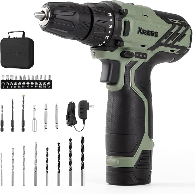 KREBS 12V Cordless Drill Set with 1.5Ah Battery & Fast Charger, 3/8-Inch Keyless Chuck 245 In-lbs 2 Variable Speed 18+1 Torque Setting with LED Electric Drill