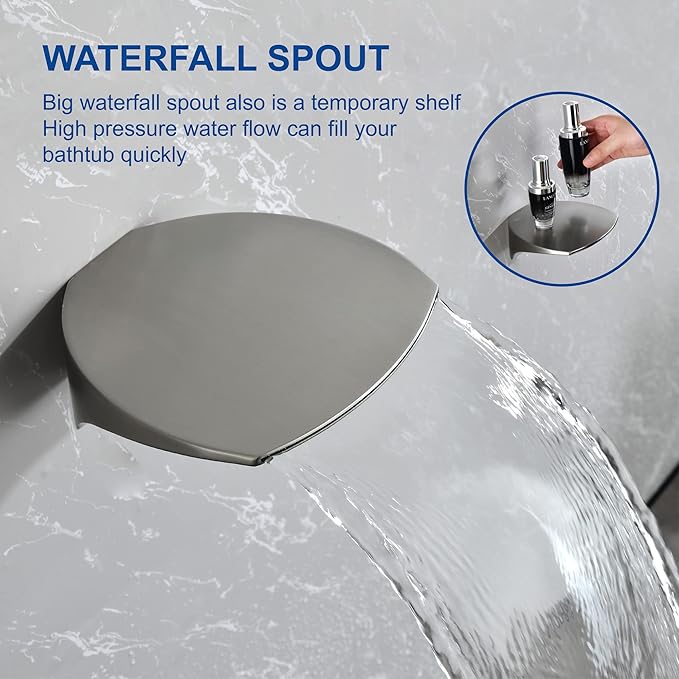 SHAMANDA Luxury Tub Shower Faucet Set with Round-in Valve, Wall Mounted Shower System with Waterfall Tub Spout and 6-Setting Rain Shower Head with 9-Setting Handheld, Brushed Nickel, L8083-2