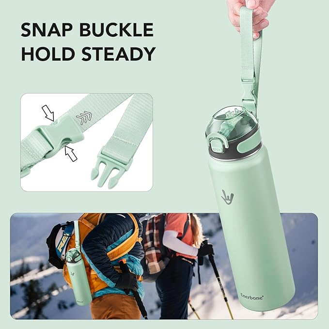 Enerbone Insulated Water Bottle, 32 oz Stainless Steel Water Bottles with Carrying Strap, Double-Wall Vacuum Insulation Thermos, Leakproof Sports Bottle with Straw, Keep Drinks Hot or Cold for Hours