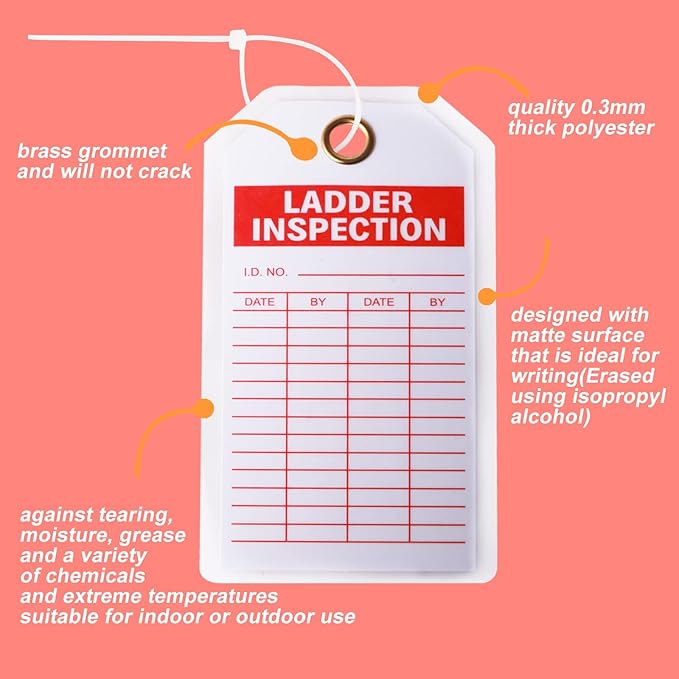 Lionshop Ladder Safety Inspection Tags, Accident Prevention Tag, Double-Sided Inspection Tag, Legend “Ladder Inspection Tag”, 5.75" x 3", 0.375" in Brass Eyelet Size, Polyester (Pack of 25)