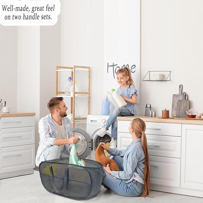 Upgraded 100L Collapsible Laundry Basket, Extra Large Mesh Pop Up Laundry Hamper, Dirty Clothes Hamper with long Handles, Pop-up Hampers for Laundry Travel. Dorm or Home Portable Laundry Basket. Black