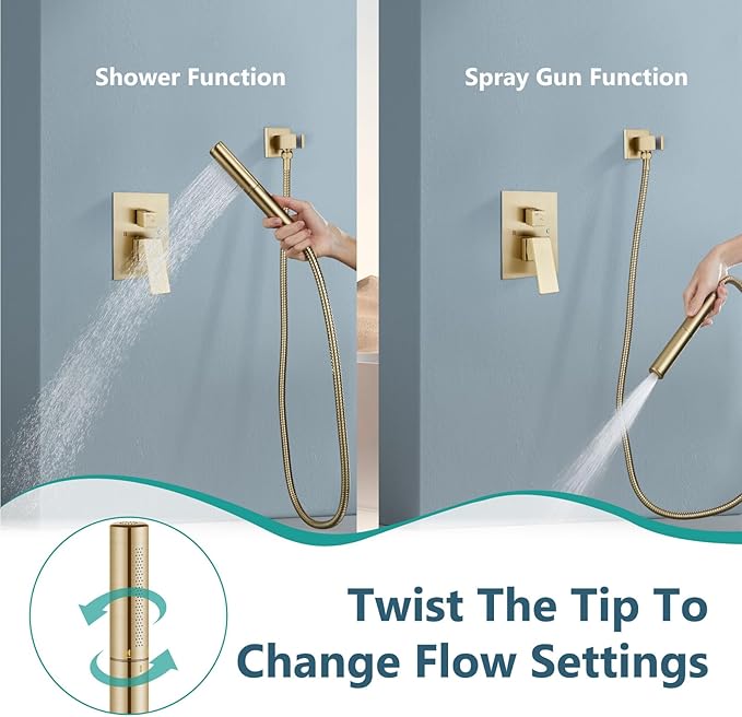 Aolemi Shower System with Rainfall Shower Head and Handheld Wall Mount,High Pressure Shower Faucet Set Fixture Combo with 2 in 1 Handheld Spray Rough-in Valve,10 Inch Shower Head Brushed Gold