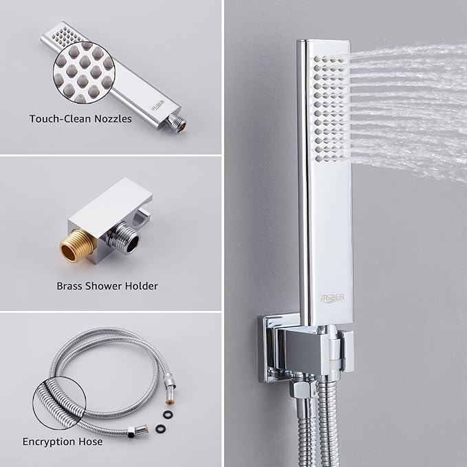 Iriber Chrome Shower System 10 Inch High Pressure Rainfall Shower Head Brass Shower Set Bathroom Rain Shower Mixer Shower Valve Modern Rain Shower and Shower Faucet and Handheld Combo Set