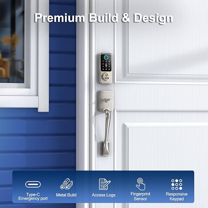 Hornbill Keyless Entry Smart Locks Set, Front Door Handle Set, Keypad Deadbolt Lock for Airbnb Home Office, Auto-Lock, Matte Silver