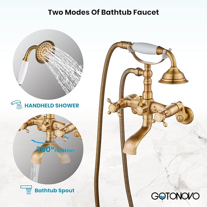 gotonovo Clawfoot Bathtub Faucet Tub Filler with Hand Held Shower Faucet Set Victorian Double Cross Handle 6 Inch Center Adjustable Swing Arms Tub Mount Short Adapter Antique Brass