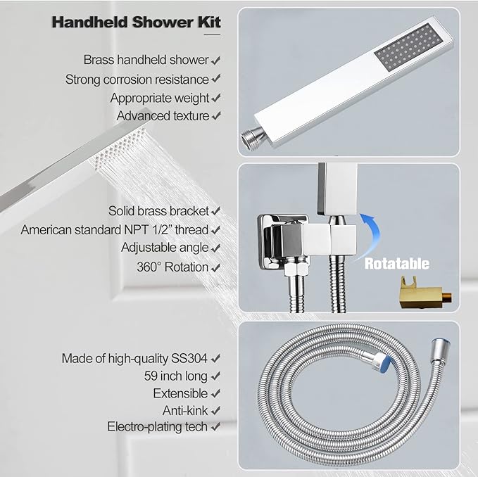 Chrome Shower System with High Pressure 8'' Rainfall Shower Head, Handheld Shower head, Bathroom Luxury Rain Mixer Shower Combo Set Wall Mounted Shower Faucet Rough-in Valve and Trim Kit
