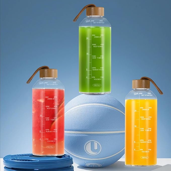 Crazy Music 32 oz Clear Glass Water Bottles,Reusable Glass Juicing Bottles with Stainless Steel Leak Proof Lids -16 oz Sports Water Bottle with Time Marker for Gym, Sports, Outdoors(32 Oz Gold