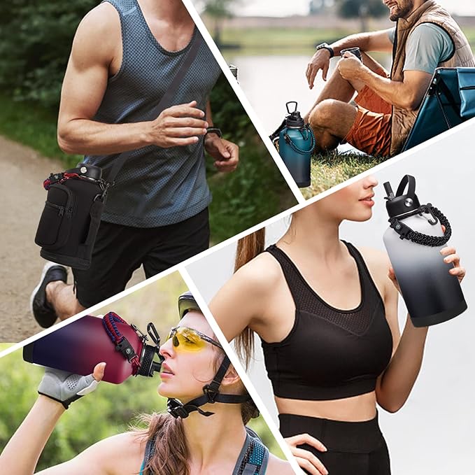 64OZ Stainless Steel Water Bottle with Paracord Handle, Straw/Spout Lid, Half Gallon Vacuum Insulated Water Flask Jug, Leak-proof Large Sports Jug for Outdoor Hiking Biking Travel Camping