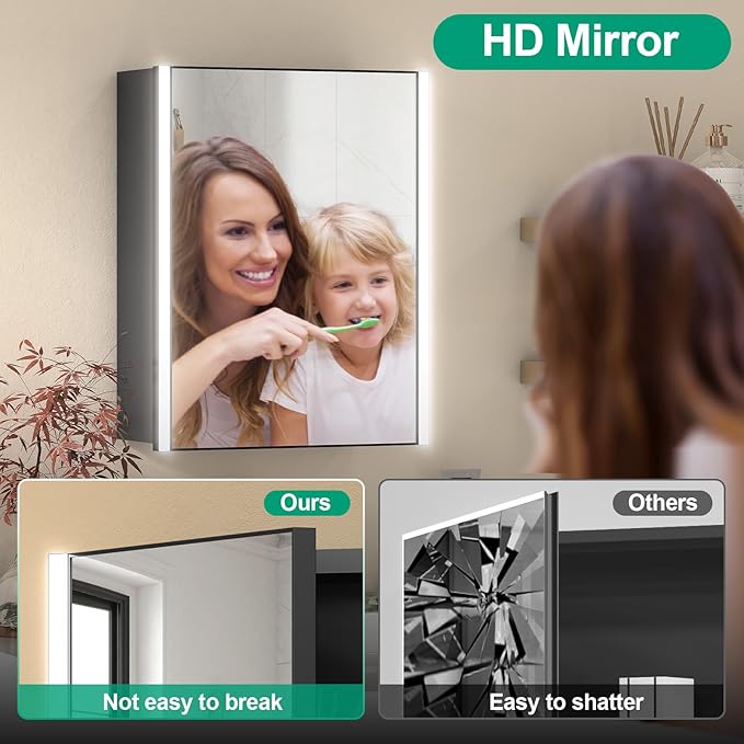 20x26 Inch Medicine Cabinet with LED Light Mirror, Brightneess Adjustable and Full-Assembled Bathroom Aluminum Cabinet with Storage, Surface or Recessed Tempered Cabinet, Farmhouse Black